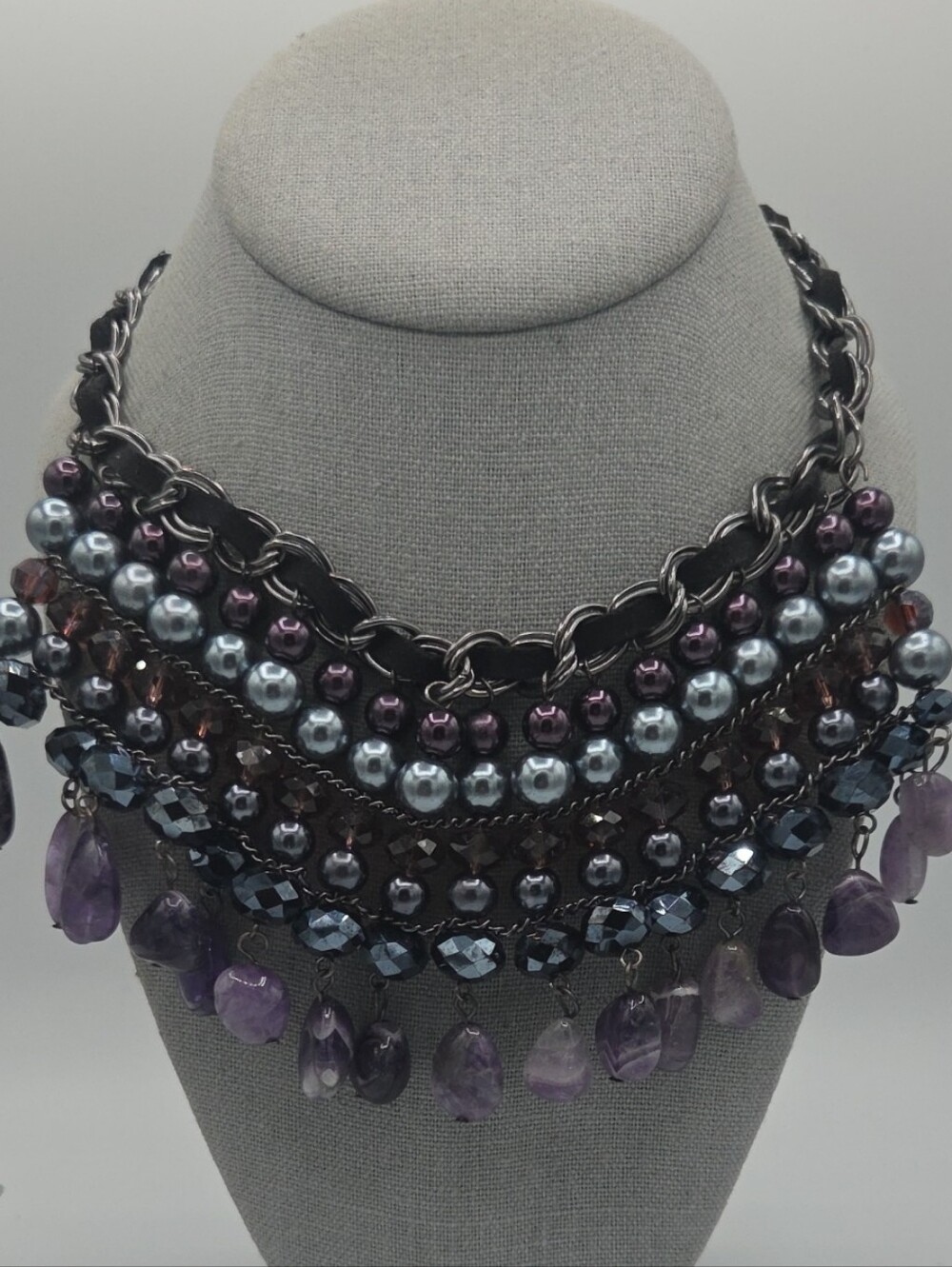 5 for $25! Chico's Statement Purple Blue Beaded Fringe Necklace